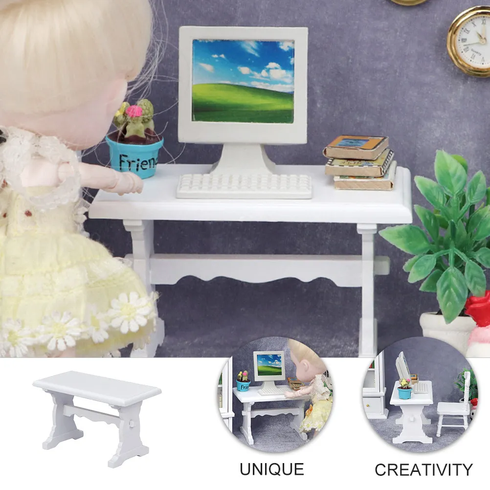 1Pcs Mini Study Table White Creative Wood Computer Desk Practical Decorative Micro Scene Furniture for Photography