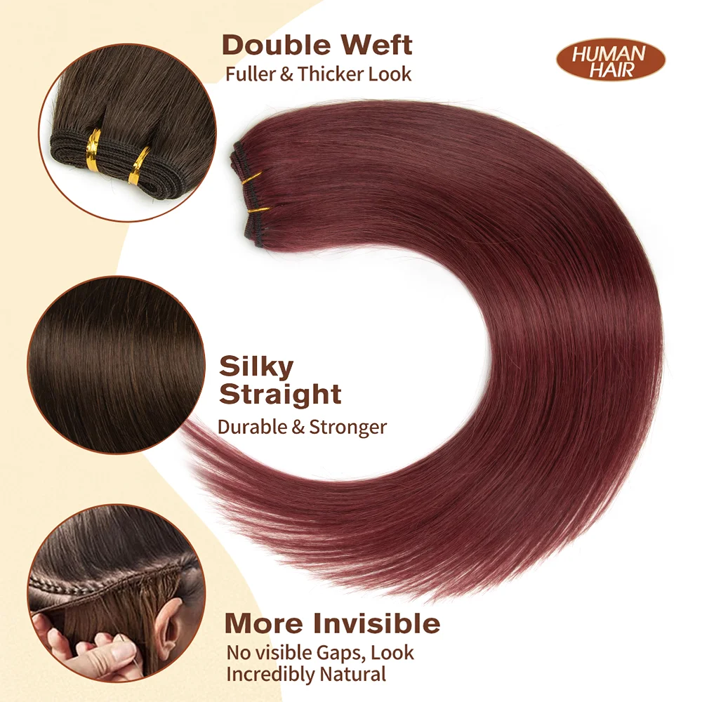 SPIKFN 다크 레드 인간의 머리카락 위사 헤어 번들 익스텐션 착용하기 쉬운 실제 기계 레미 헤어 12-24인치 50g/번들