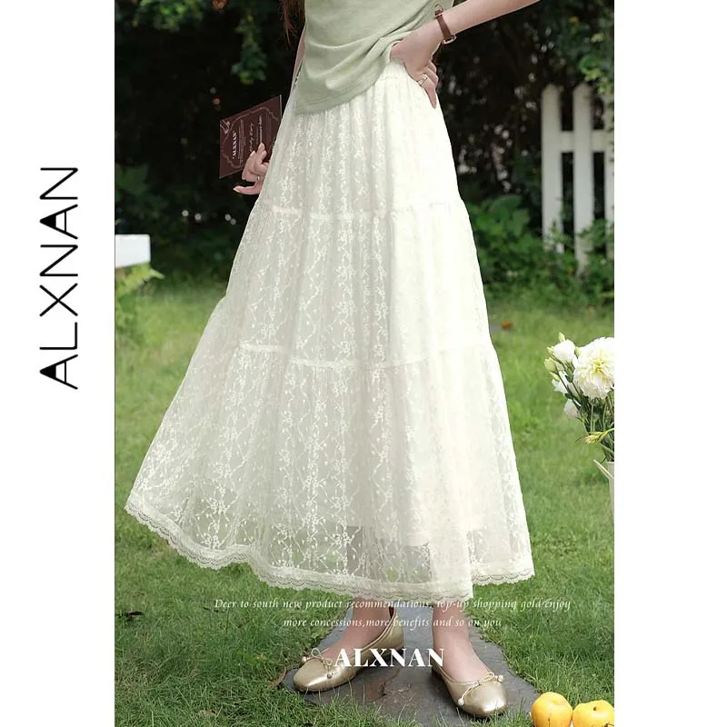 ALXNAN Women Ivory Floral Lace Tiered Midi Skirt 2026 Summer Elastic Ruffle Hem Flowy A-line Holiday Casual Long Skirts L66907