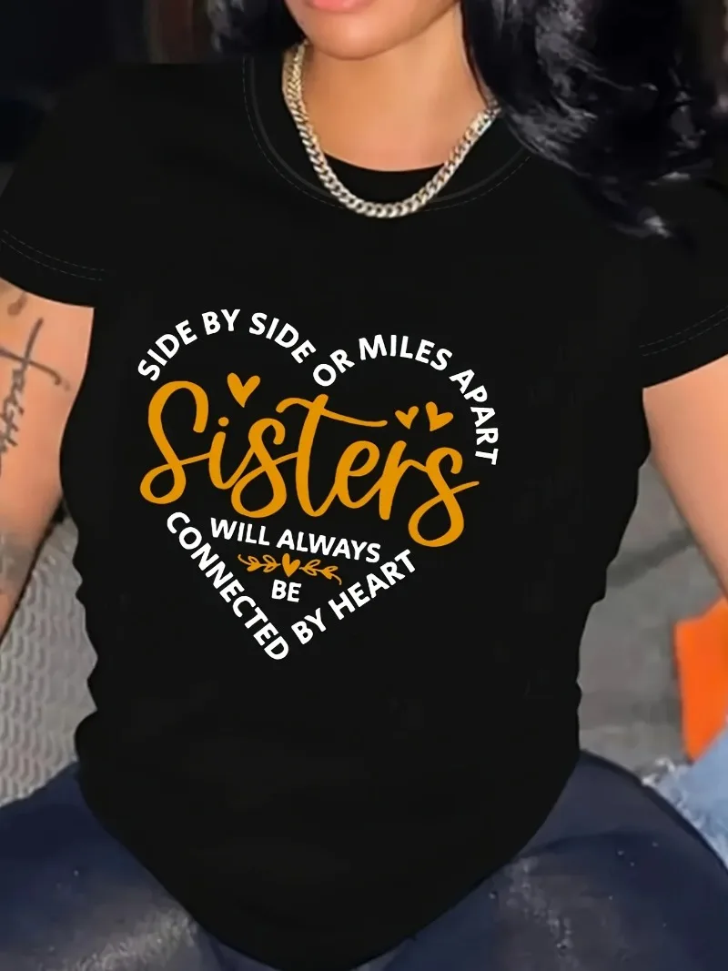 Vintage Sisters Print T-shirt - Women's Short Sleeve Crew Neck Top for Spring & Summer