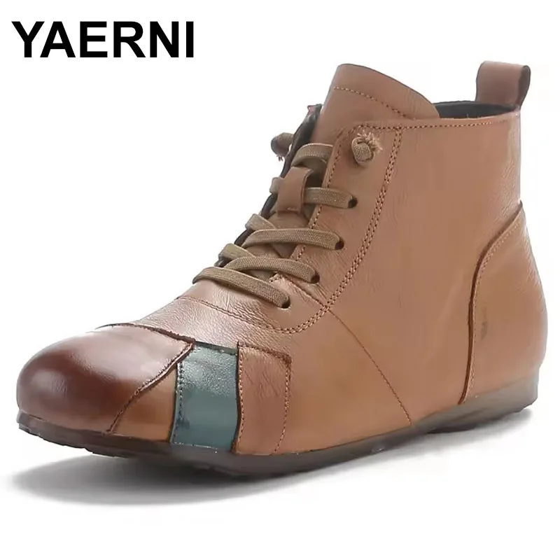 

Genuine Leather Splicing Spell Color Autumn Single Boots Trendy Shoes Flat Soft Sole Women Boots Warm Winter Boots