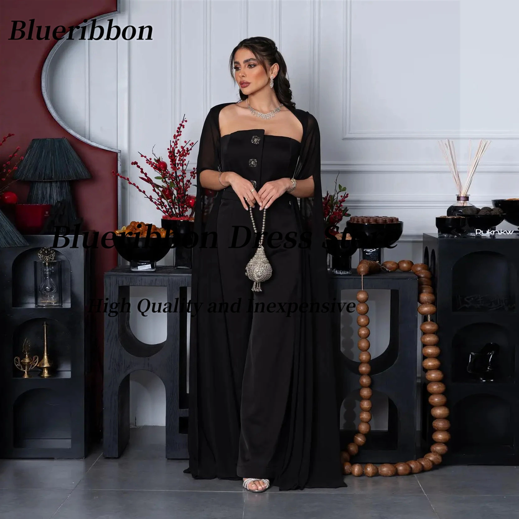 Blueribbon Bespoke Black Jumpsuits for Evening Party Strapless Buttons Long Prom Dresses Chiffon Shawls Formal Gowns Pant Suits