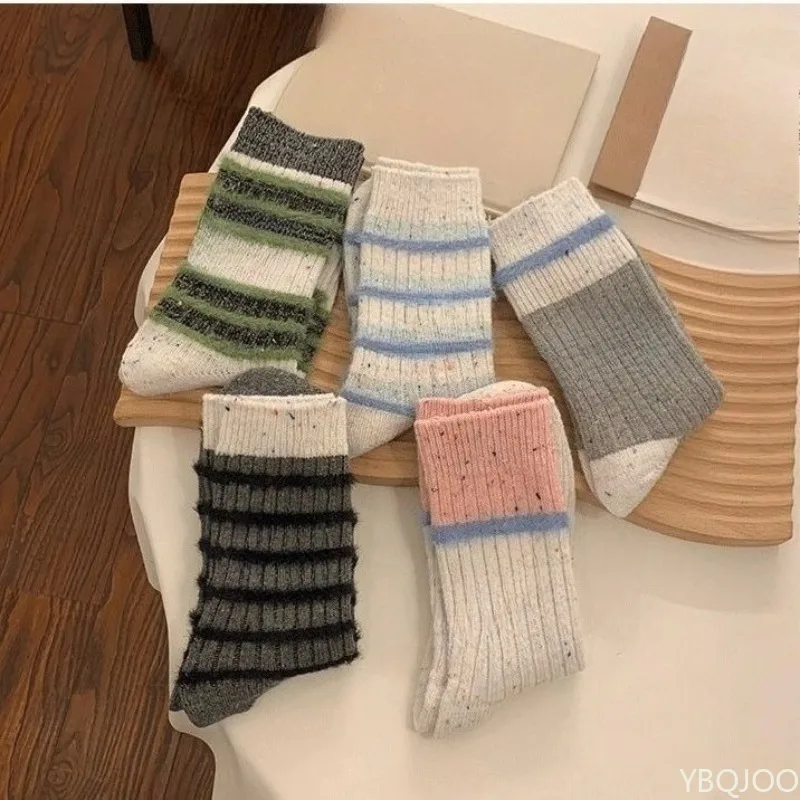 

5 пар женских толстых модных универсальных носков средней длины с начесом, контрастных цветов, для осени и зимы, повседневные, удобные, теплые носки