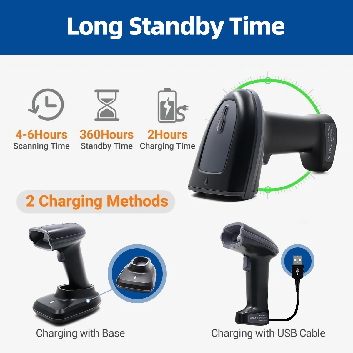 Wireless Portable 1D&2D with Stand Bluetooth Barcode Scanner: Hand Scanners 3-in-1 Vibration, Cordless, Rechargeable Scan Gun