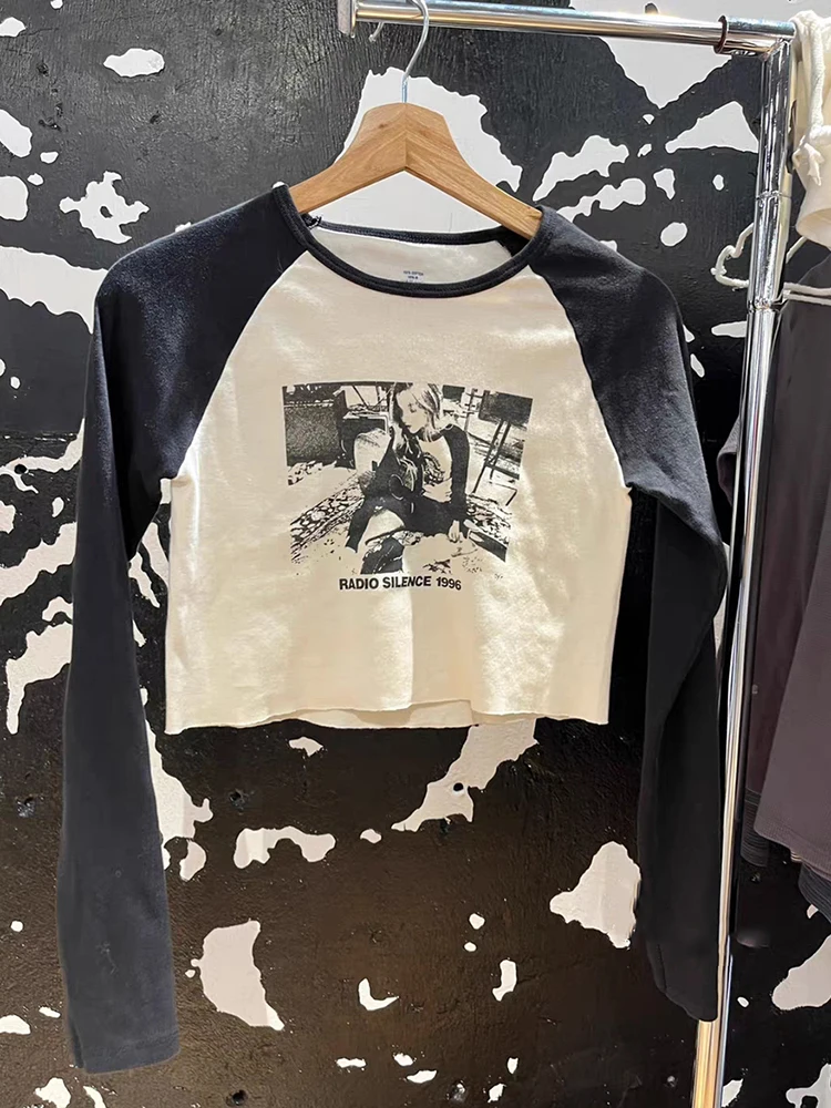 Vintage Guitar Girls Print Crop Top Women Patchwork O Neck Summer Long Sleeve Tees Women Classic Graphic Cotton T-shirts Y2k