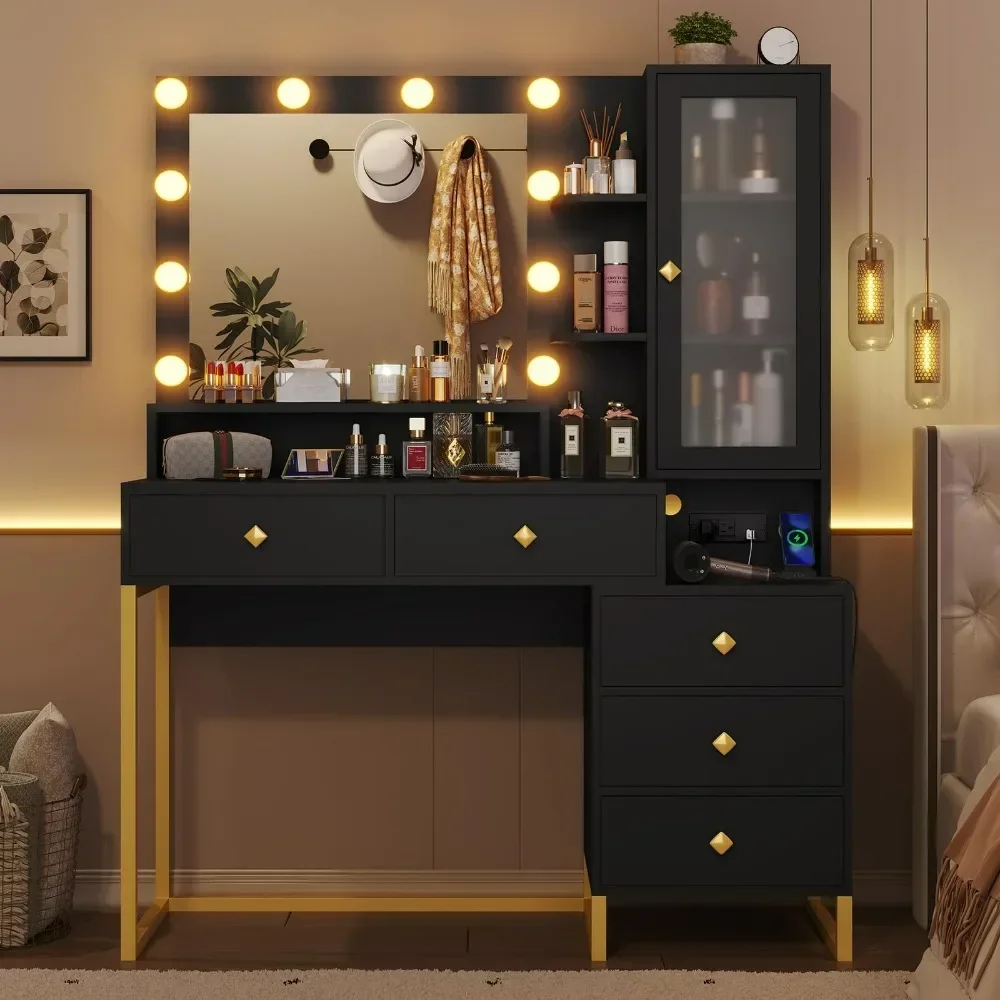 Makeup Vanity Desk with Mirror and Lights, Power Outlet, RGB LED Cabinet,  5 Drawers & Side Storage Bag, Black and Gold