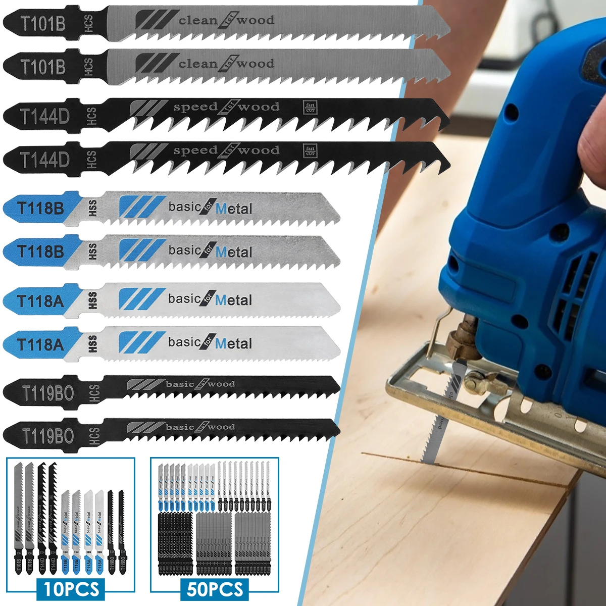 10/50pcs Jig Saw Blades T-Shaft HCS Assorted Saw Blades Sharp Fast Cut Jigsaw Blades for Wood Plastic Metal Cutting Hand Tools