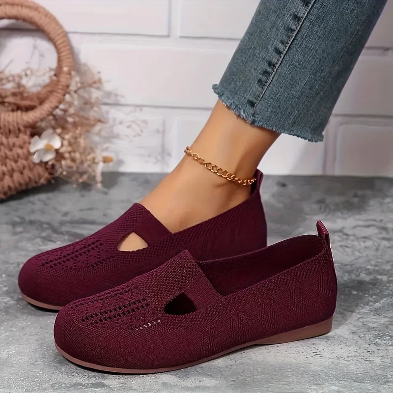 Women\'s Knit Flat Shoes, Breathable Hollow Out Design, Comfortable & Soft Walking Shoes For Every Day