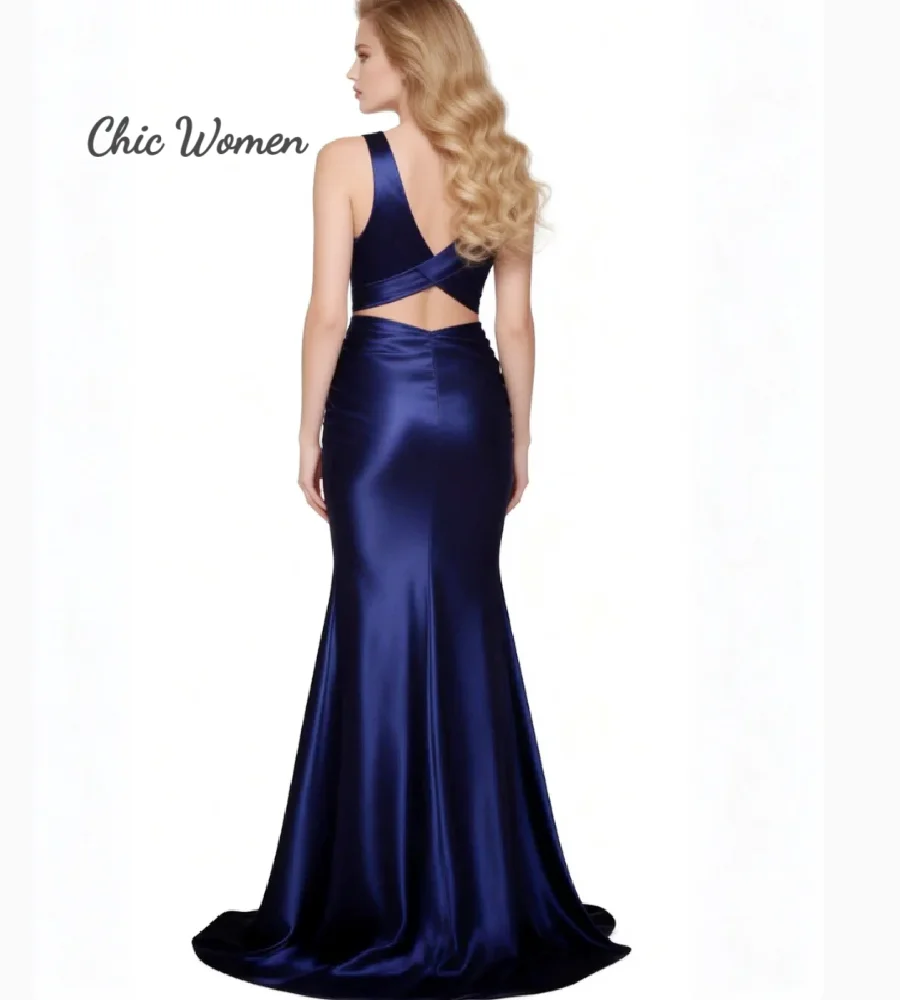 Unique Navy Blue Evening Dress Sexy V Neck Satin Backless Prom Dress Keyhole Front Slit Formal Dress 2026 Birthday Ceremony Gown