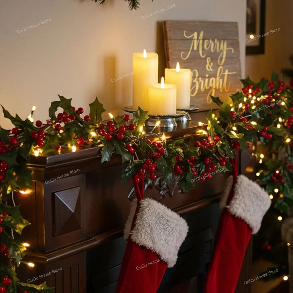 175cm Garland Christmas Decoration, Artificial Pine Rattan Wreat with Red Berries and Holly Leaves for Fireplace Stairs Table
