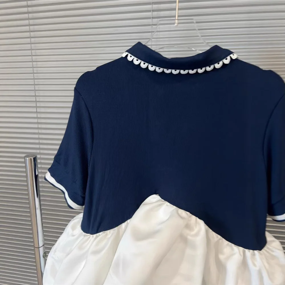 Primavera e verão novo estilo spice girl fino versátil emenda em camadas malha fofa de manga curta topo roupas femininas t camisa