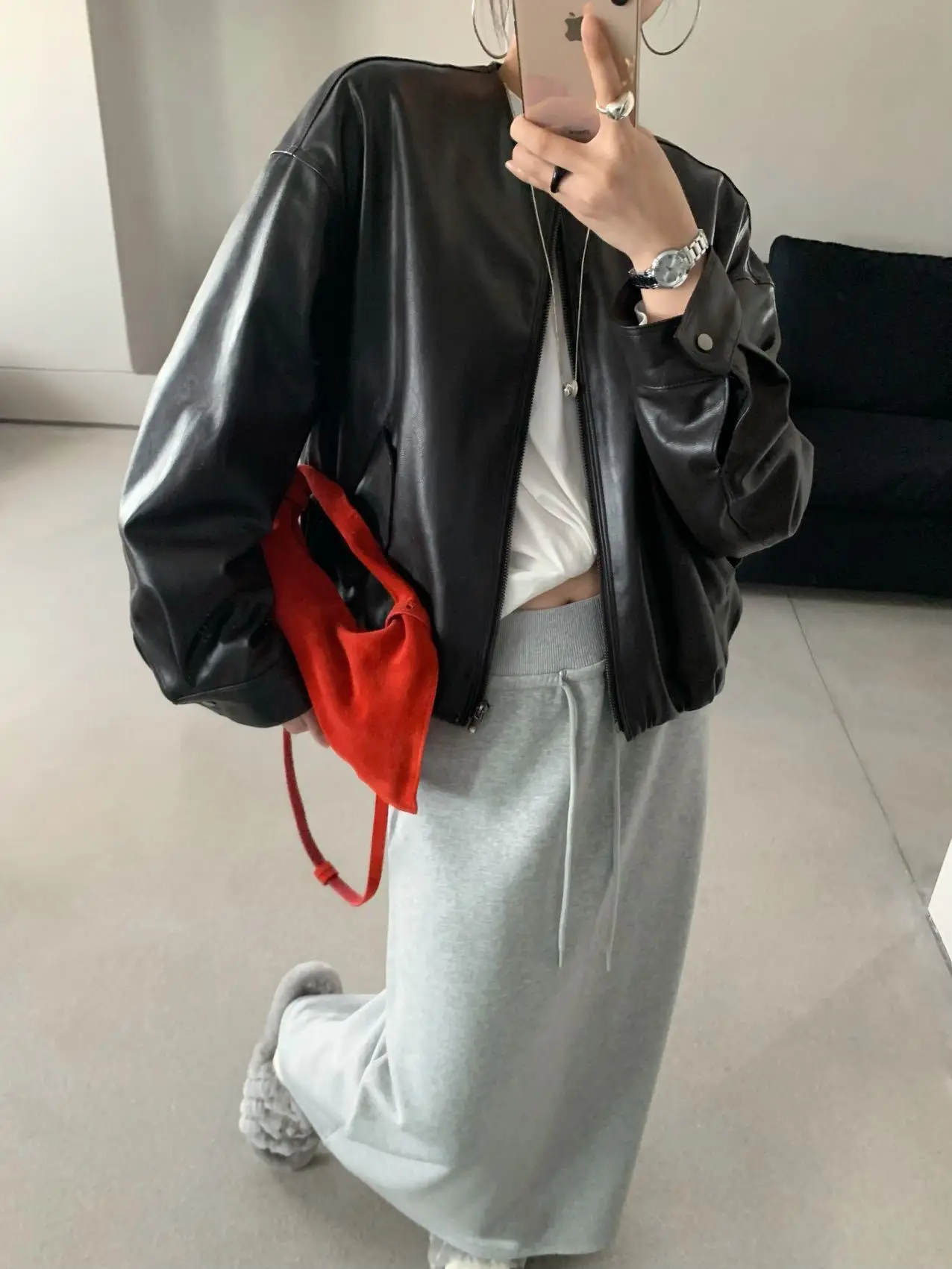 Jaqueta Feminina de Couro Proteico Redonda Simplificada de Alta Qualidade e Maciez, Elegante para Outono/Inverno MM308