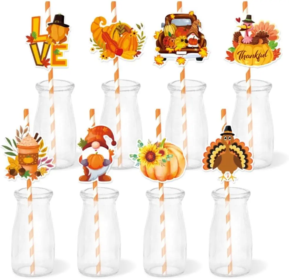 8pcs Fall Leaf Turkey Pumpkins Straws Fall Harvest Party Disposable Drinking Straws for Thanksgiving Party Supplies Decorations