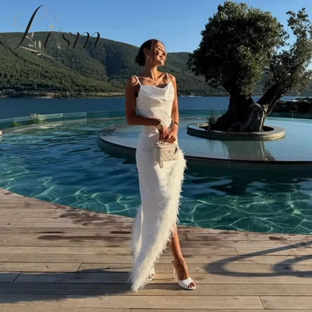 Lism Trendy Spaghetti Straps Wedding Dresses for Women Satin Slit Feather Sleeveless Bridal Gown Robe De Mariee 2026 Customized