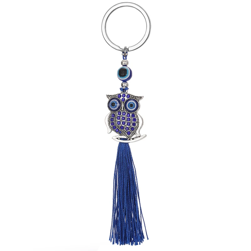 Zircon Turkish Blue Eye Owl Animal Tassel Keychain Keyring For Women Men Evil Eye Bag Car Phone Accessories Wholesale Jewelry