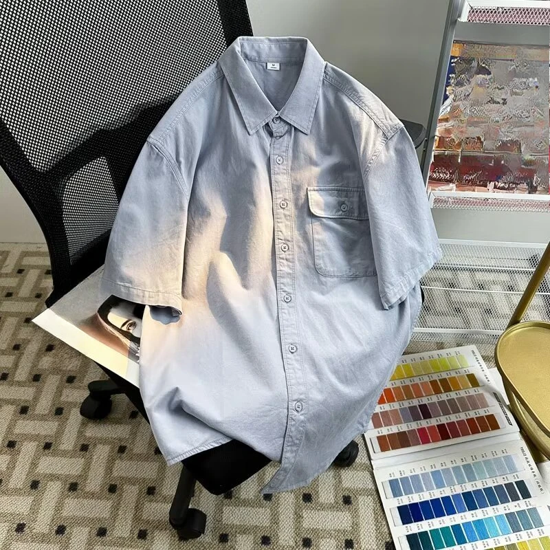 EBAIHUI American Casual Men's Shirt Short Sleeved Minimalist Japanese Style Lapel Male Clothing Single Breasted Top with Pockets