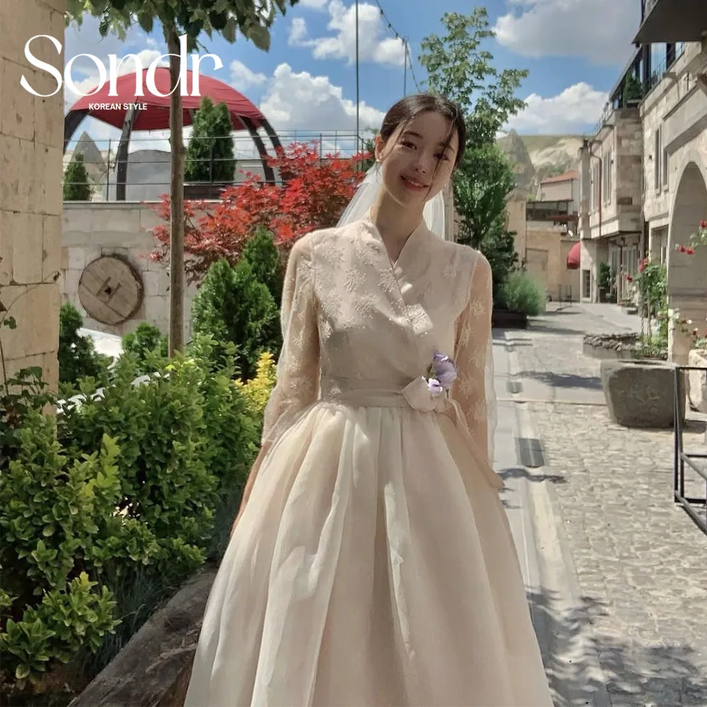 

Sondr индивидуальный ханбок винтажное кружевное корейское традиционное свадебное платье женское с v-образным вырезом и длинными рукавами торжественное платье Новый год