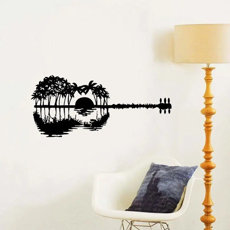 Vinyl Guitar Wall Sticker Abstract Painting Deep Forest Lake Wall Sticker Concert Art Decoration, Music Guitar Wall Decal GT10