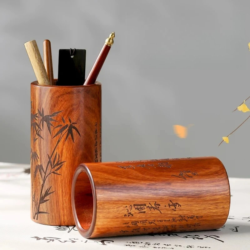 ✨ Solid Rosewood Pen Holder Hand Carved Bamboo Design Vintage Wooden Desk Organizer Chinese Oriental Writing Supply Storage Box