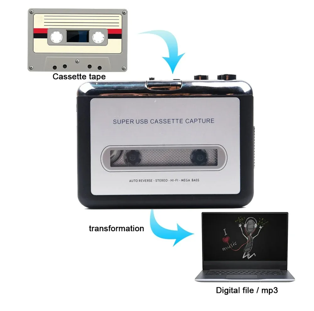 

USB Cassette Capture Radio Player Portable USB Cassette Tape to MP3 Converter Capture Audio Music Player Tape Cassette Recorder