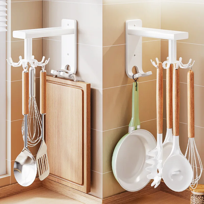 Kitchen wall-mounted ladle spoon rack cookware organizer no-drilling required swivel hook hanging rod