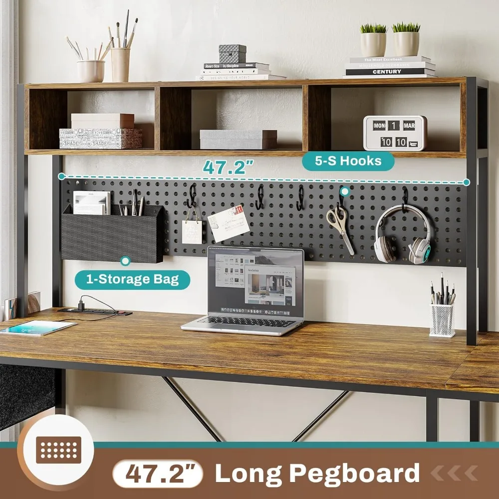 L Shaped Computer Desk, Reversible Corner Desk with Power Outlet and Pegboard, Computer Desks with Led Lights, Keyboard Tray