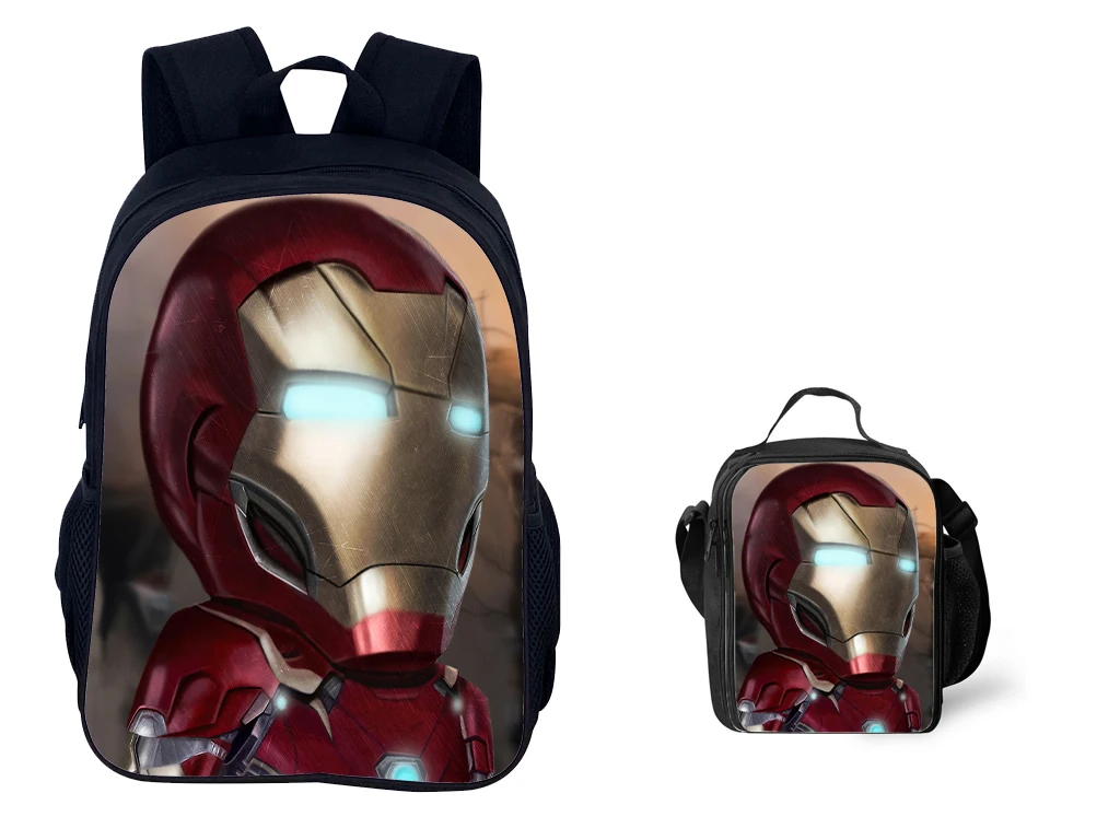 

Super Hero Classic Lightweight Backpack+Insulated Lunch Tote 2Pcs Set,Iron Man Multifunction School Book Bag for Child