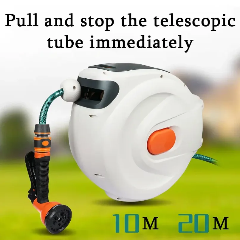 10/20m Automatic Rewind Hose Reel with 7 Pattern Hose Nozzle Water Hose Reel Slow Return System for Car Garden