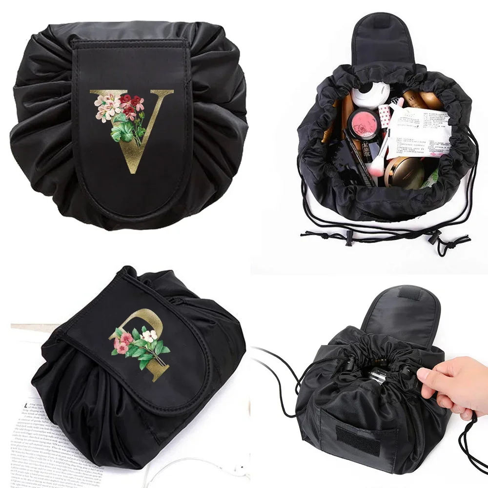 Women Drawstring Travel Cosmetic Bag Organizer Makeup Bags Golden Flower Letter Print Storage Pouch Foldable Toiletry Handbag