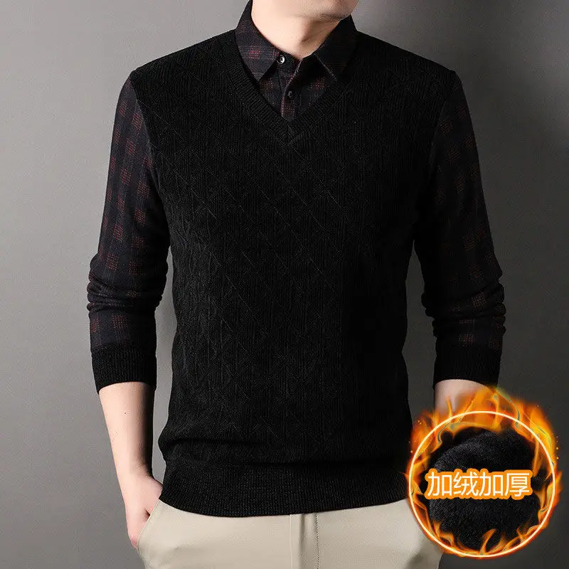 Two-piece Men's Plus Velvet Thickened Chenille Sweater Loose Shirt Collar Warm Clothes Winter Clothes JJ375