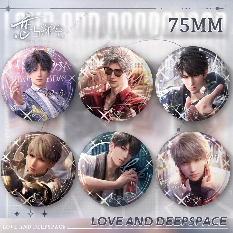 75MM Game Love and Deepspace Sylus Rafayel Zayne Xavier Caleb Round Tinplate Badge Emblem Brooch Backpack Decoration Fans Gift
