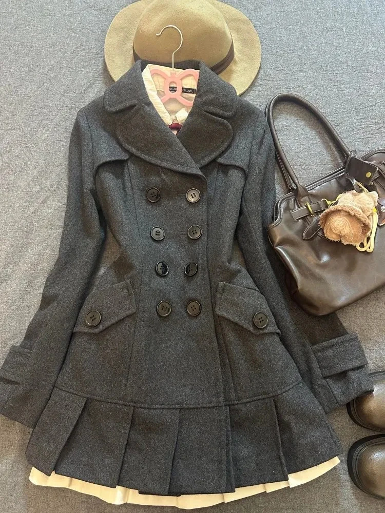 

Retro Double-breasted ey Woolen Coat Women's Faion Slim Fit ort Sle College Sle Warmth Polyester Fiber Winter New A...