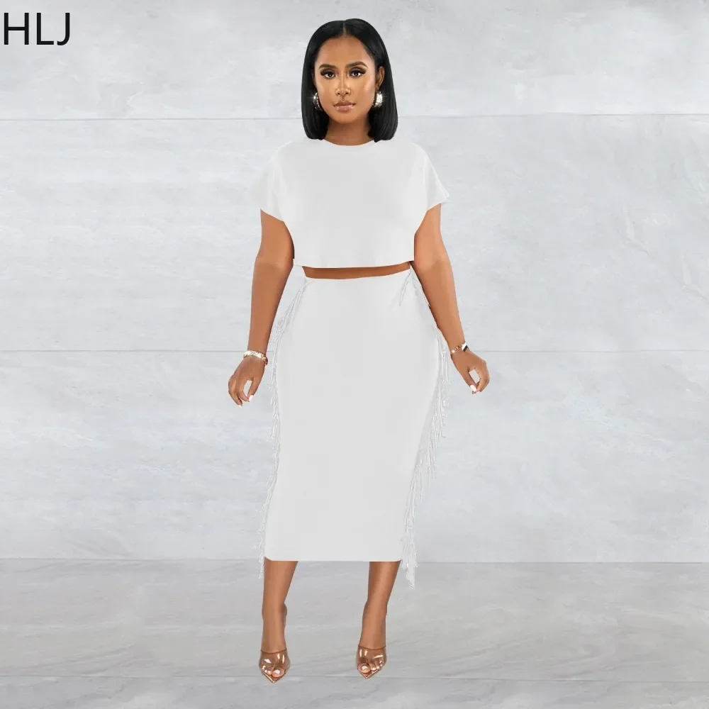 HLJ Elegant Lady Tassels Skinny Skirts Two Piece Sets Women Round Neck Short Sleeve Crop Top + Skirt Outfits Female Solid Suits