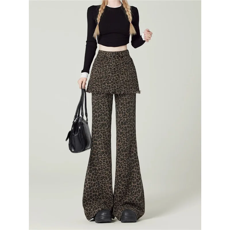 

Women's Vintage Leopard Print Fake Two-piece Flare Jeans Autumn High-waist Distressed Slim Floor-length Skort Commuting Versatil