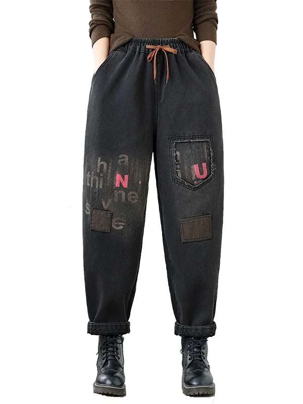 جينز أبي فضفاض مناسب للنساء كاجوال عالي الخصر مستقيم الساق مطبوع مريح للتنفس من القطن للخريف والشتاء #5