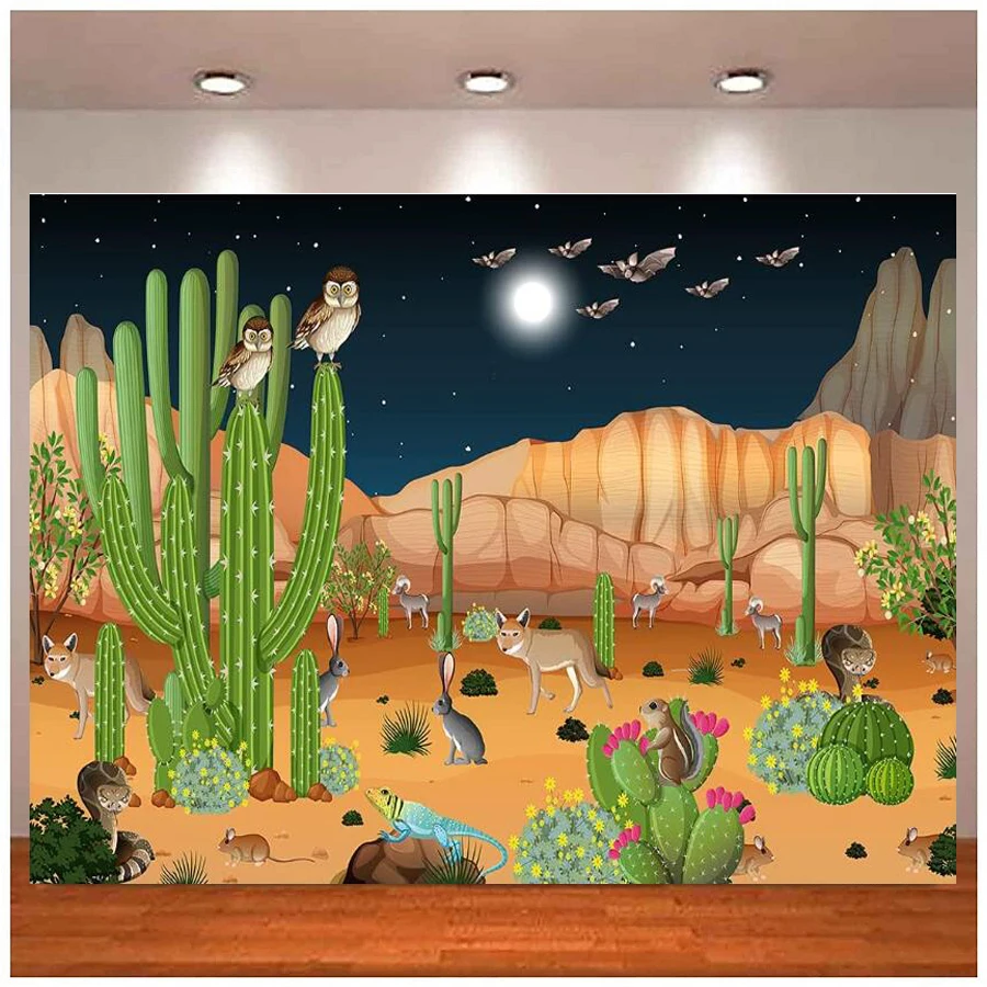 

Photography Backdrop Desert Night Wild Animals And Saguaro Cactus Nature Landscape Background For Party Photo Studio Banner Prop