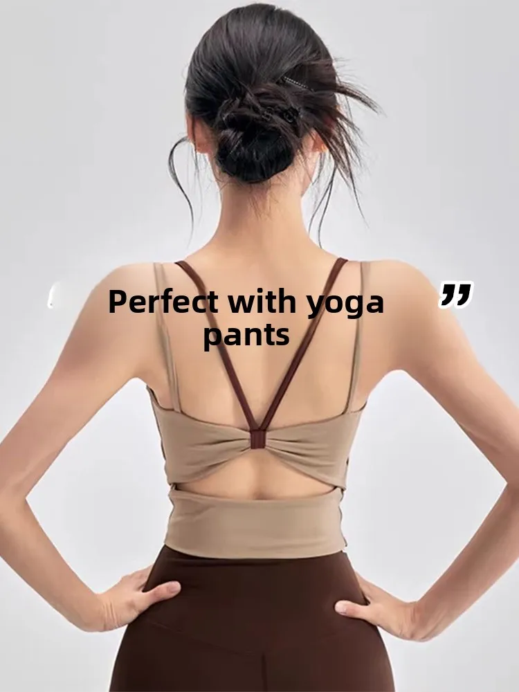 Women's Integrated Fitness Sports Bra Top with Chest Pad Breathable Short Sleeve U-Neck Backless Yoga Outdoor Wear