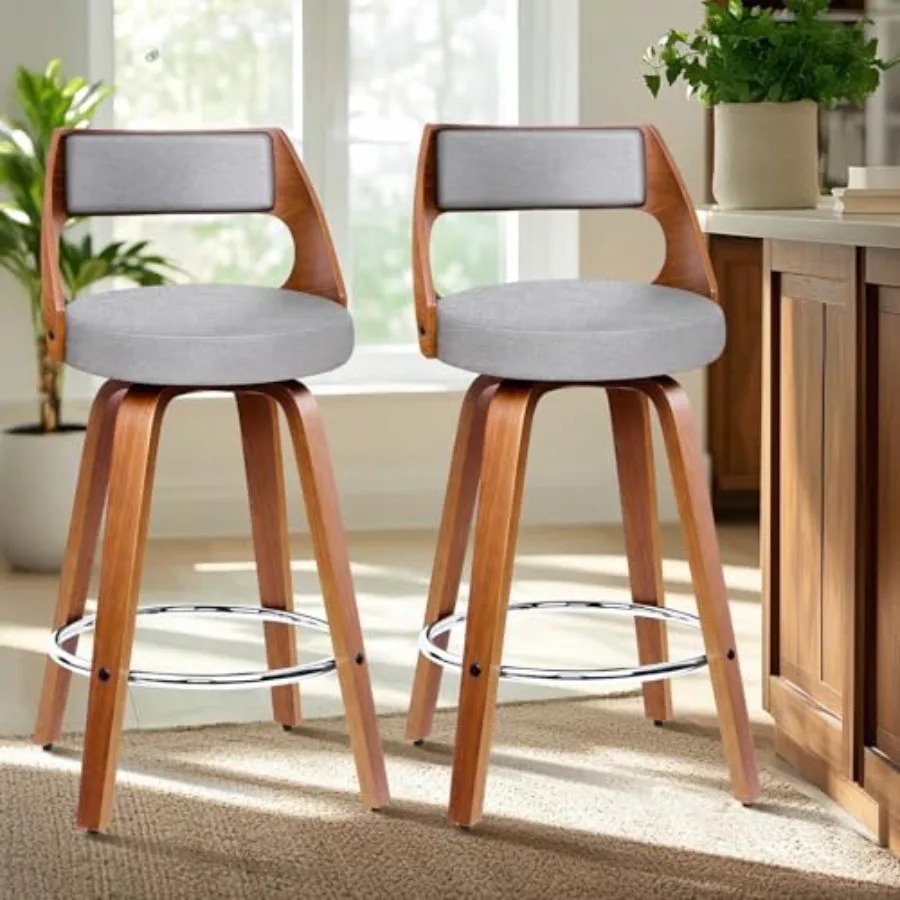 

Counter Height Bar Stools Set of 2 26" Swivel Fabric Upholstered Barstools with Curved Bentwood Back and Legs Mid-Century Moder