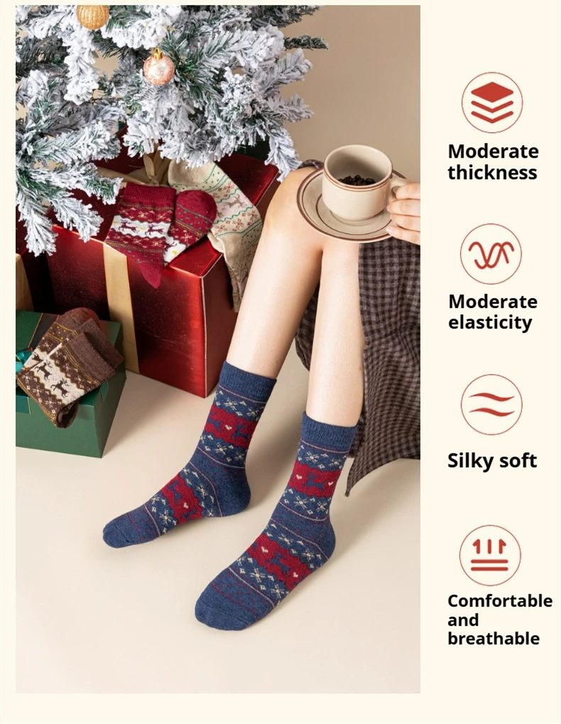 ถุงเท้าคริสต์มาส 5 คู่ ถุงเท้าขนสัตว์ ถุงเท้าแบบกลางน่อง ถุงเท้าลายน่ารักสนุกๆ ลายซานต้าและกวางเรนเดียร์ กล่องของขวัญธีมคริสต์มาสสำหรับผู้หญิง