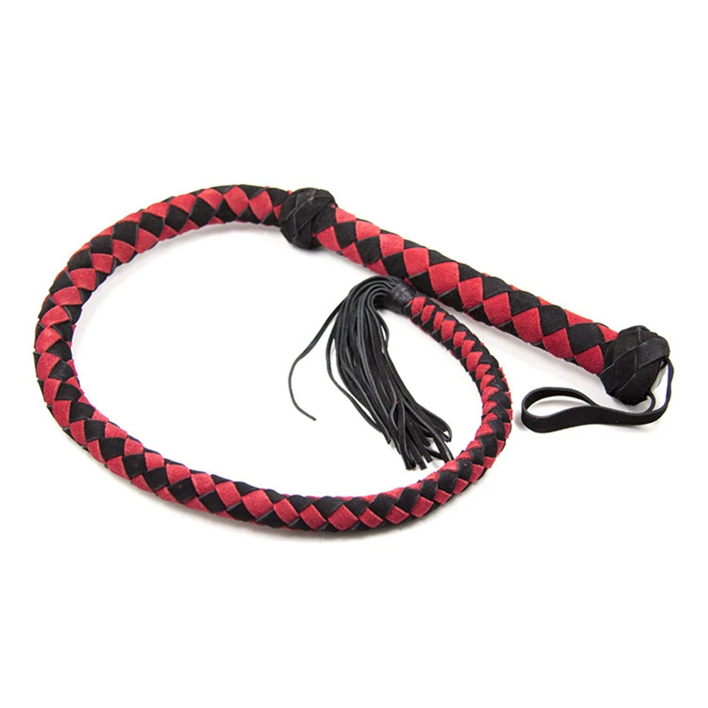 108CM Red and Black Real Cowhide Weave Leather Horse Whip With Handle Flogger Equestrian Teaching Training Riding Whips