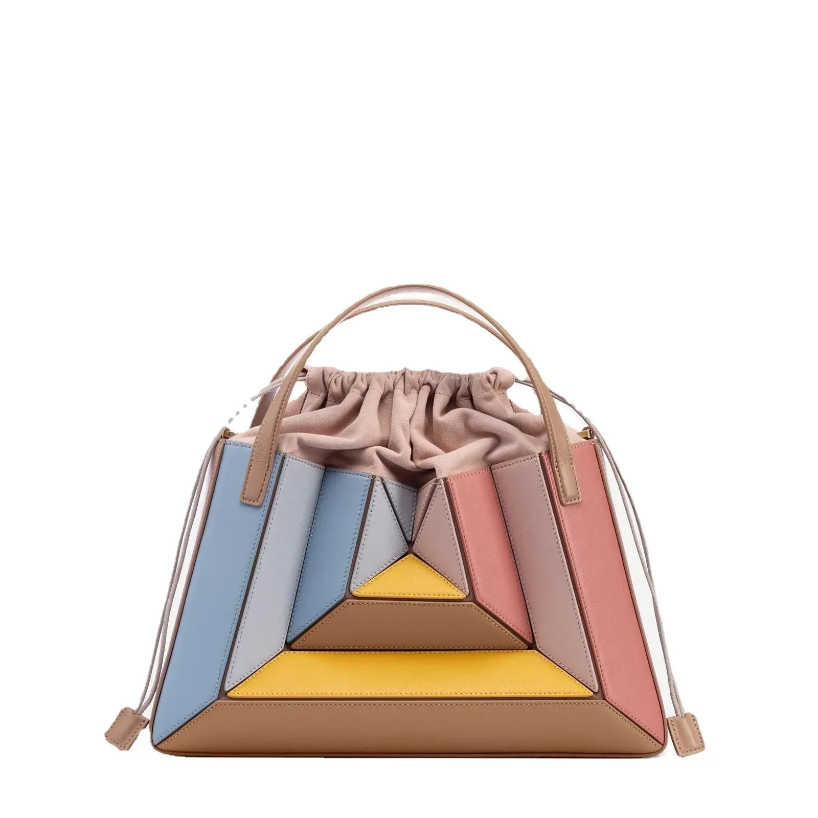 Popular Sellling Colorblock Top-Handle Women Handbags with Unique Design and Drawstring Shoulder Strap