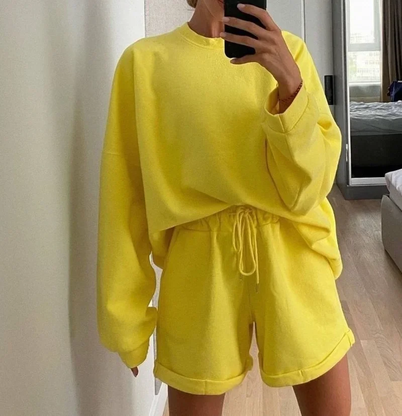 Women Autumn Winter Streetwear Tracksuits New Two-piece Suits Loose Sweatshirt and Soild Sports Shorts Sets 2 Piece Solid Suits