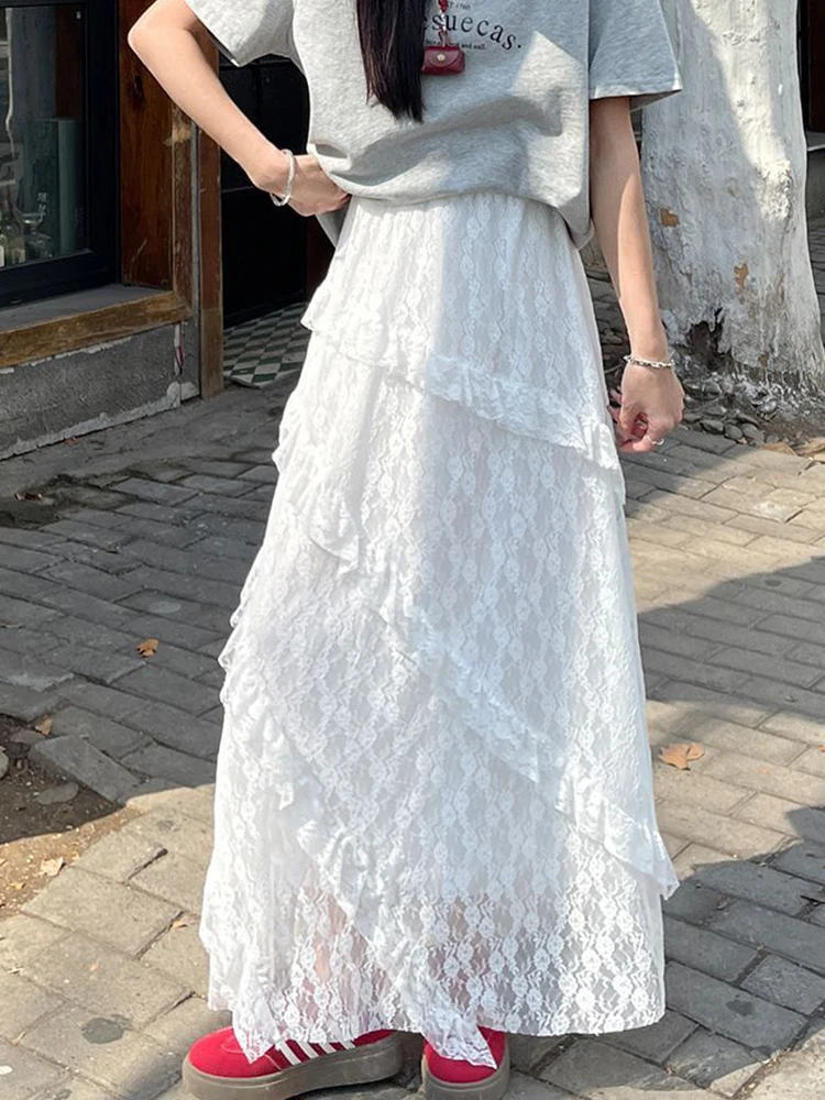 Jupe longue en dentelle blanche et maille pour femmes, Style Preppy doux, élégante, taille haute, Vintage, décontractée, Patchwork, ample, mignonne