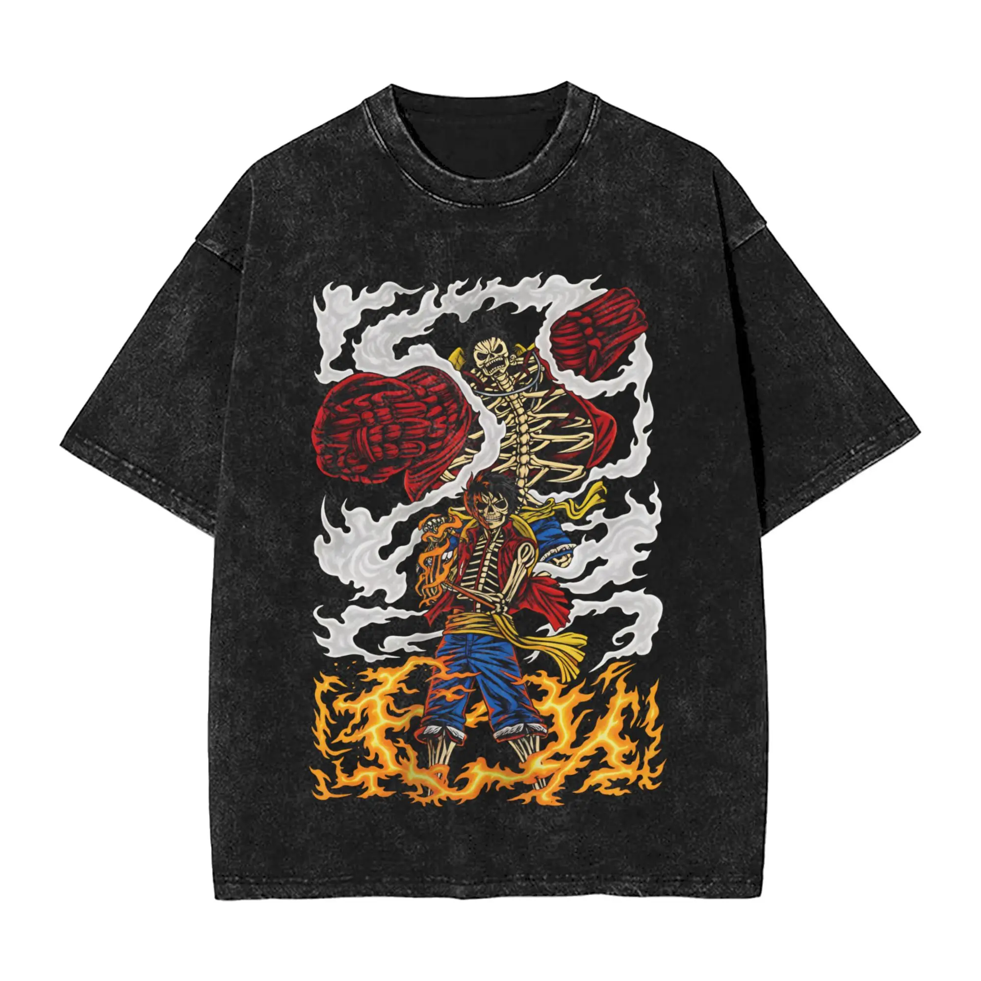 One Piece Portgas D Ace Skeleton Flame Anime T Shirt  Loose T Shirts Short-Sleeved Tshirt Summer Cotton O Neck Big Size Tees