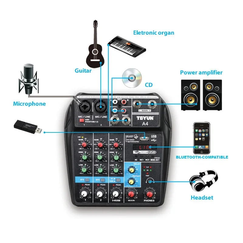 TEYUN-4-Channel Microfone Digital Mixing cartão profissional, telefone móvel, Transmissão ao vivo, Gravação do computador, DJ Equipamento Áudio