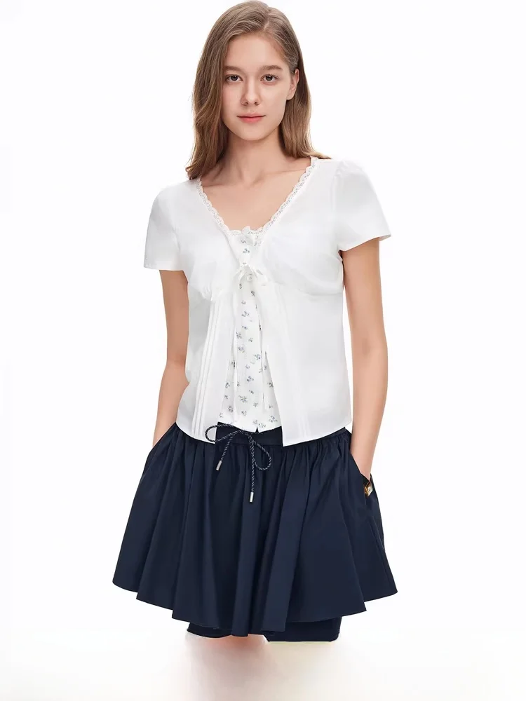 

Женская летняя модная повседневная блузка с V-образным вырезом и коротким рукавом, с цветочным принтом, имитация двухслойности, с завязками и декоративными элементами