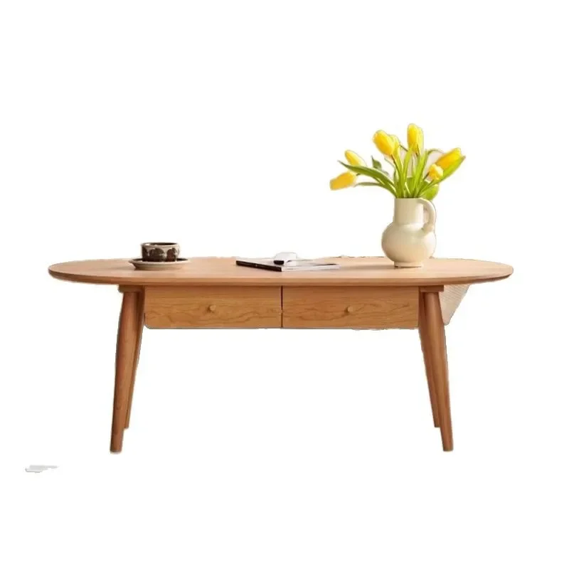 

Nordic style Japanese pure solid wood coffee table household low table simple log rectangular oval living room with drawer