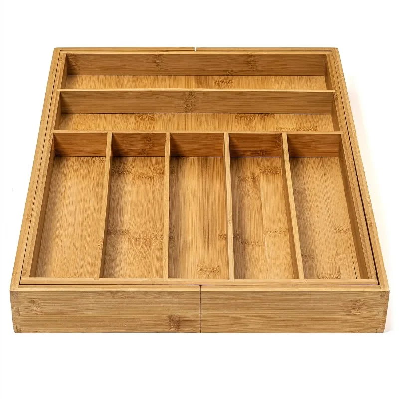 Organizador de vajilla de bambú, cajón de cocina expandible y organizador de utensilios, bandeja de cubiertos de 17 "x 19,75", 2 paquetes