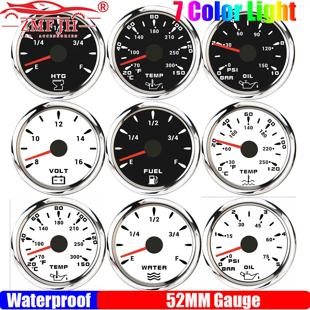 Car Boat 7Color LED 52MM Fuel/Water/Sewage Level Gauge Water Oil Temperature Gauge Pressure Meter Voltage HTG No Sensor Optional