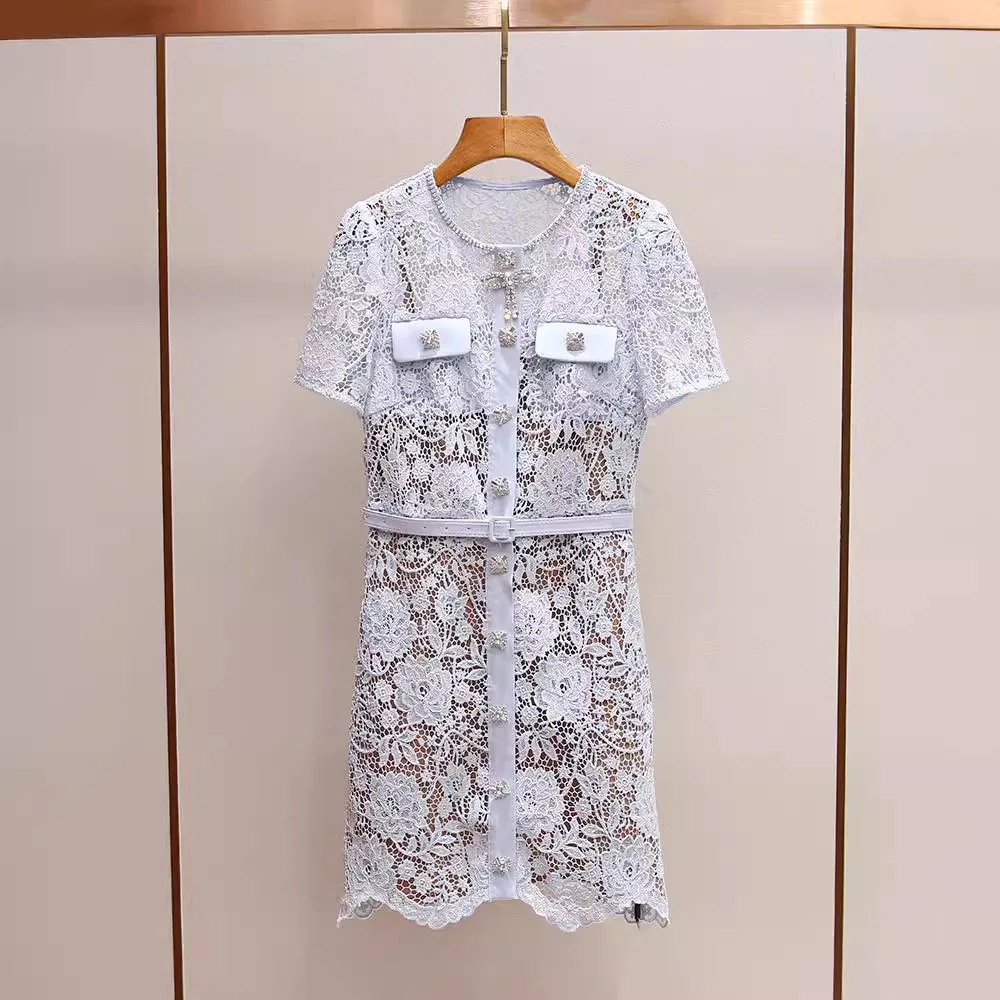 

2024 Summer New Small Fragrant Wind Mist Blue Lace Style Commuter Appearance Slim Hollow Bead Round Neck Dress for Women